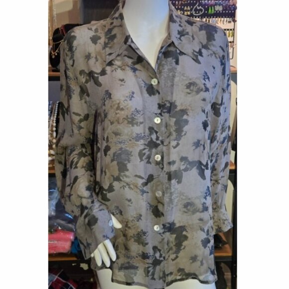 NWOT Gray Floral 100% Silk Button Down Shirt L 12-14 - Picture 1 of 10